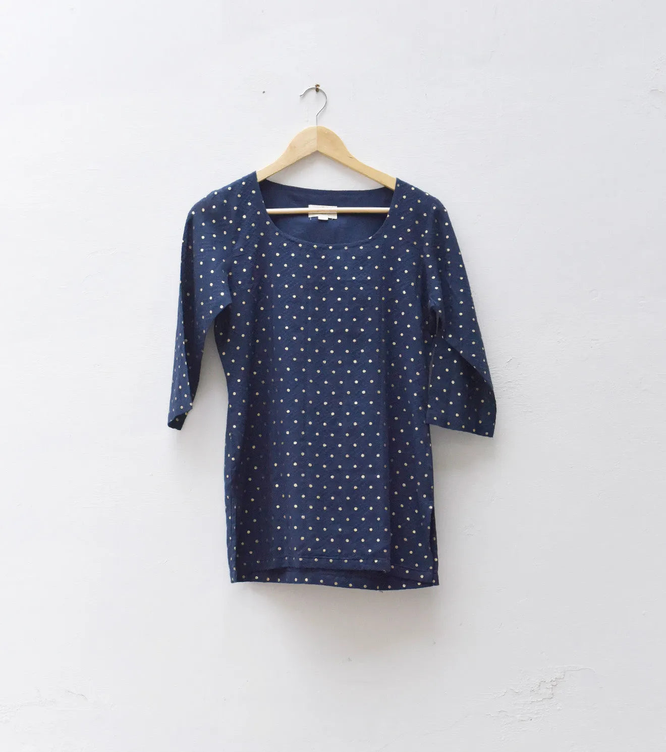 Blue kurta with gold dots. - Khara Kapas