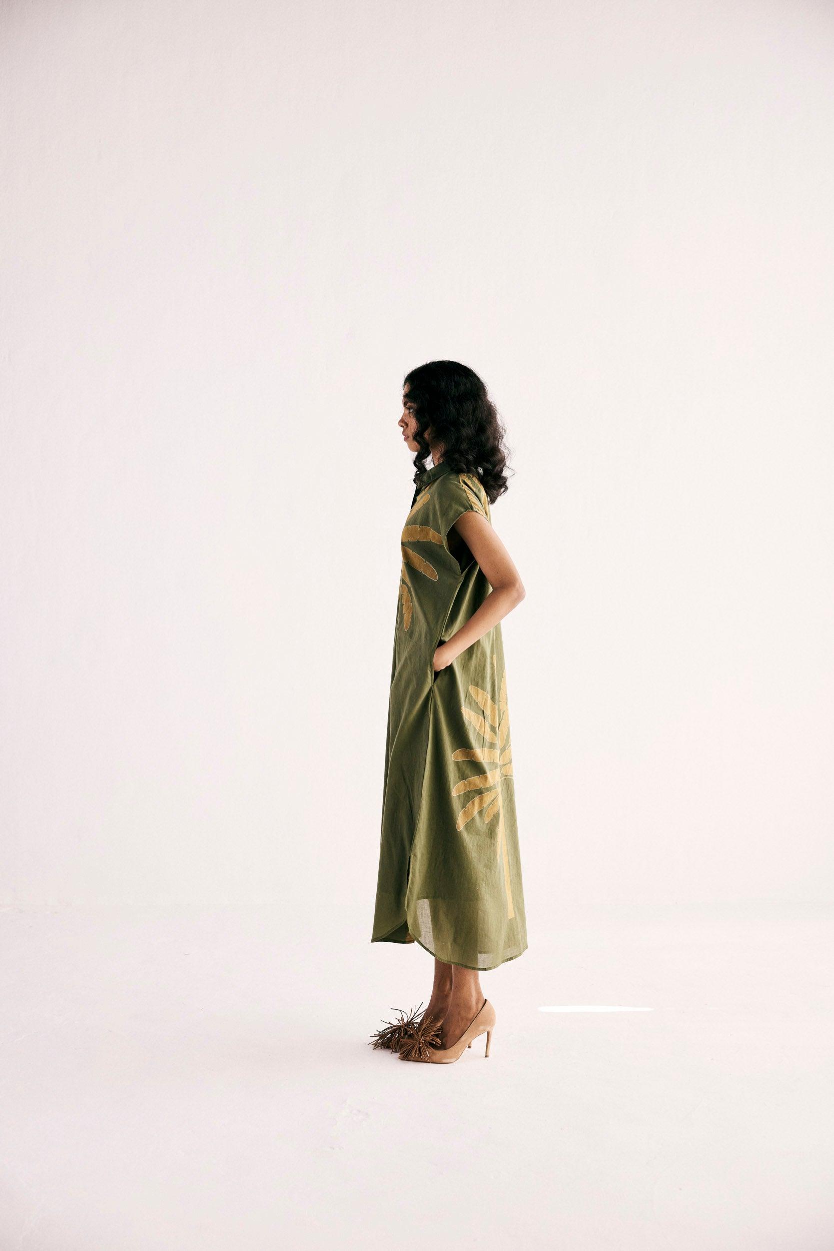 Olive Palm Shirt Dress - Khara Kapas
