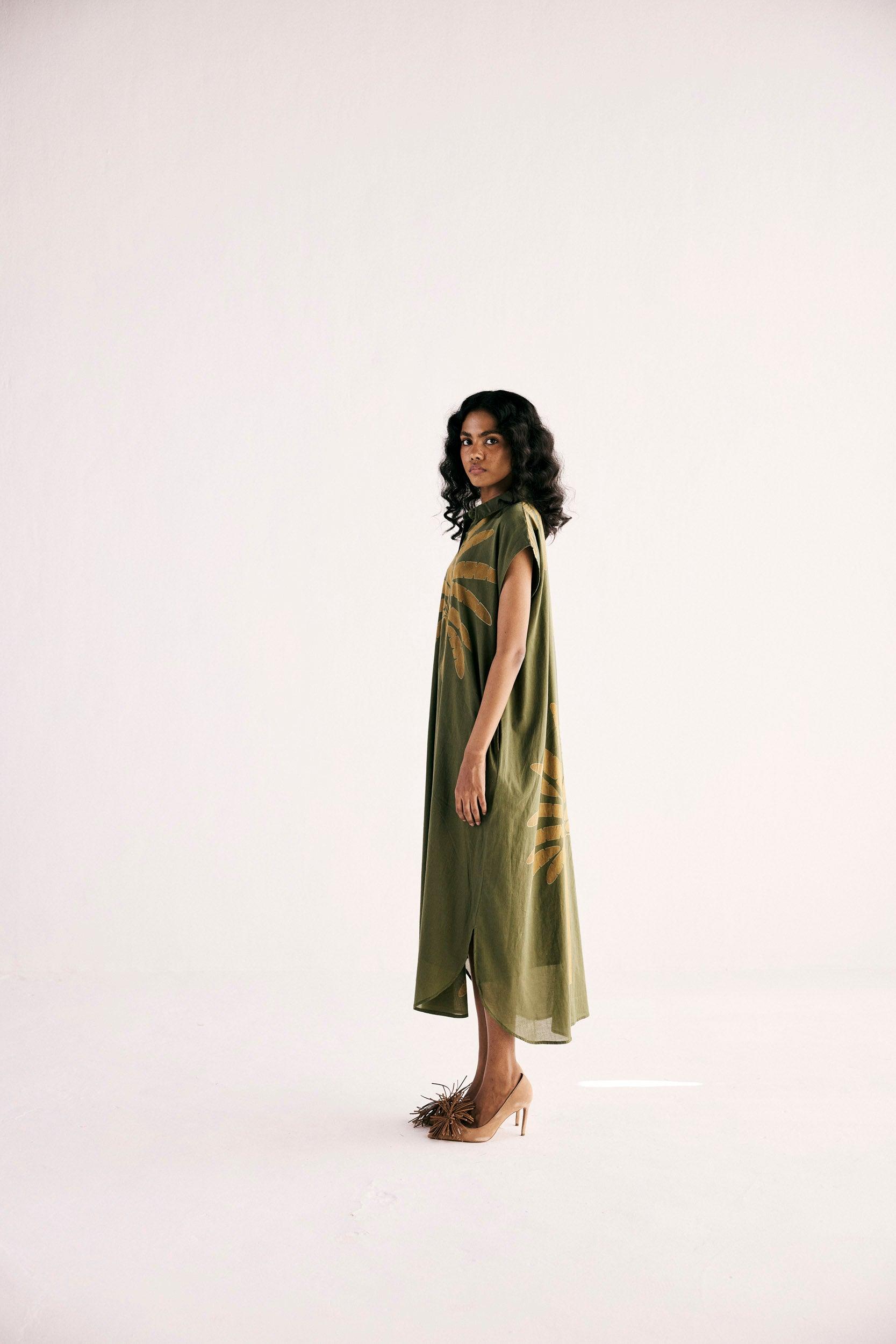 Olive Palm Shirt Dress - Khara Kapas