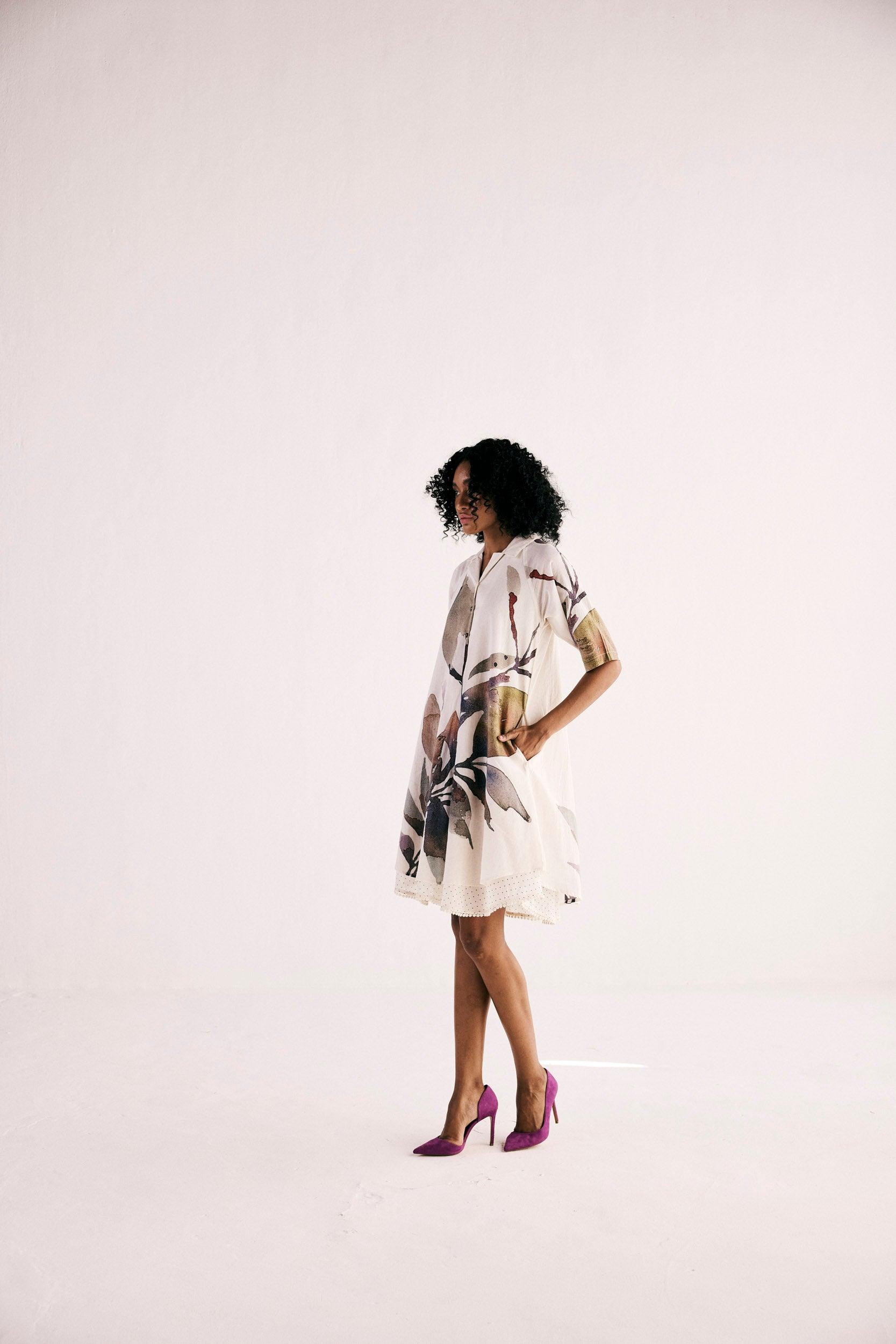 Ivory Bloom Shirt Dress - Khara Kapas