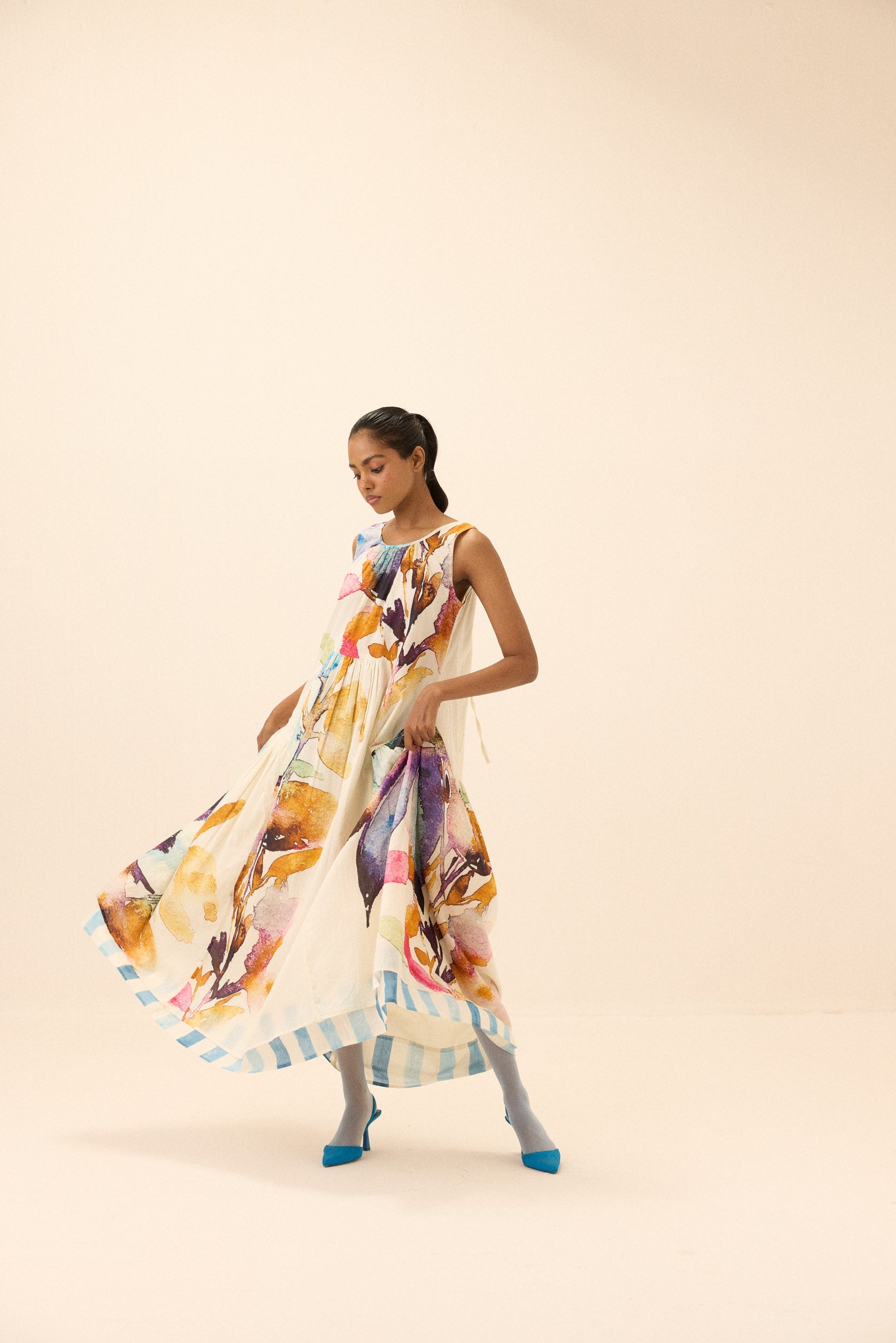 Arcadia handcrafted Indian cotton dress, model styling on location
