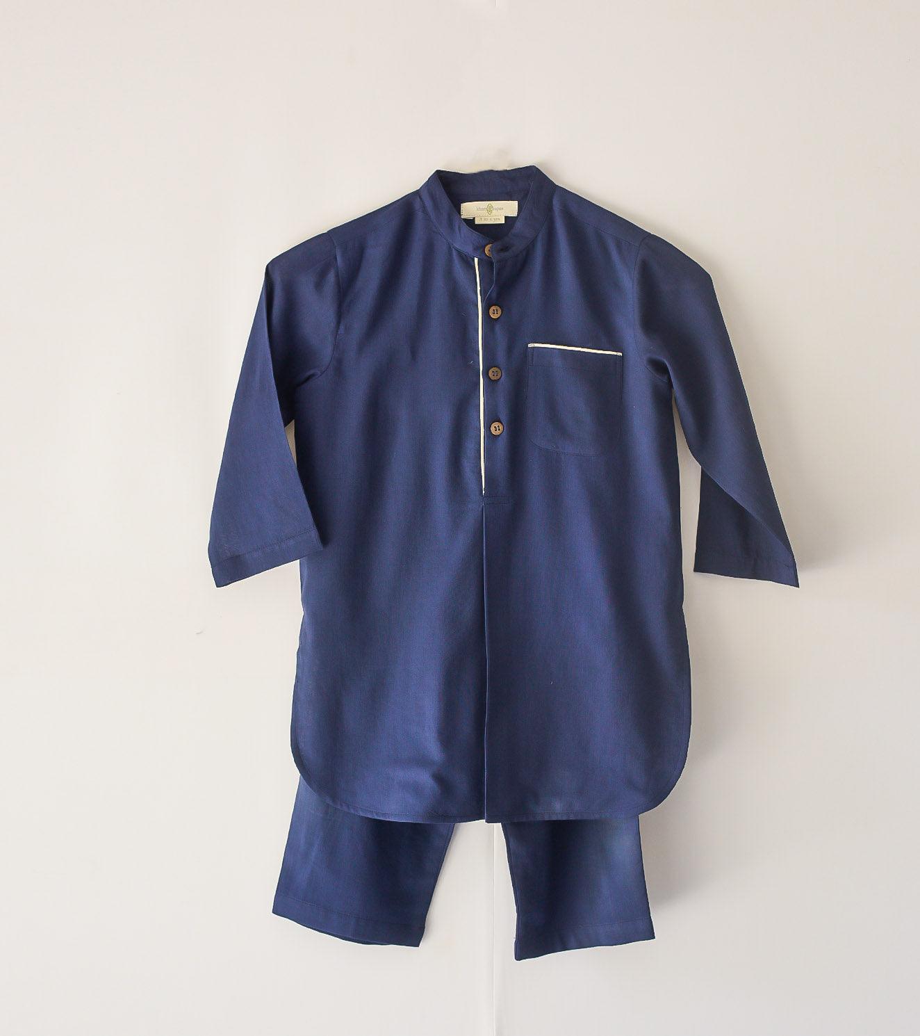 Navy Blue Pathani Kurta Set - Khara Kapas