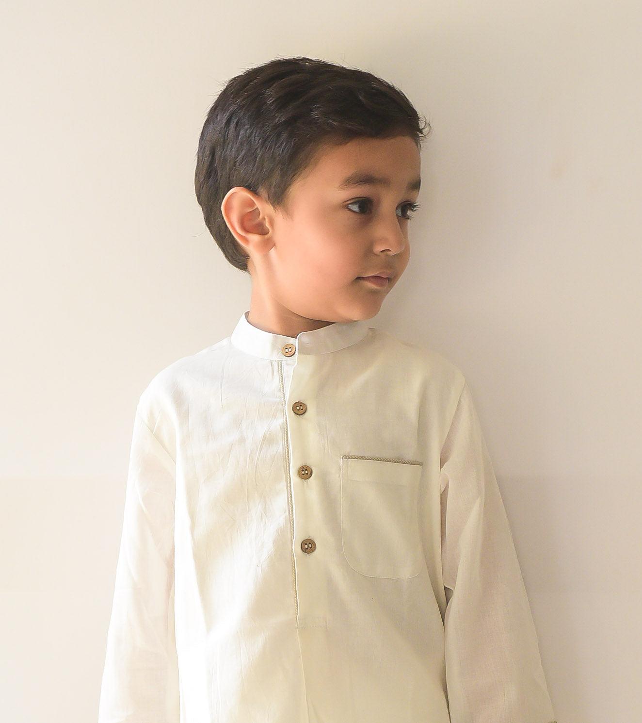 Ivory Pathani Kurta Set - Khara Kapas