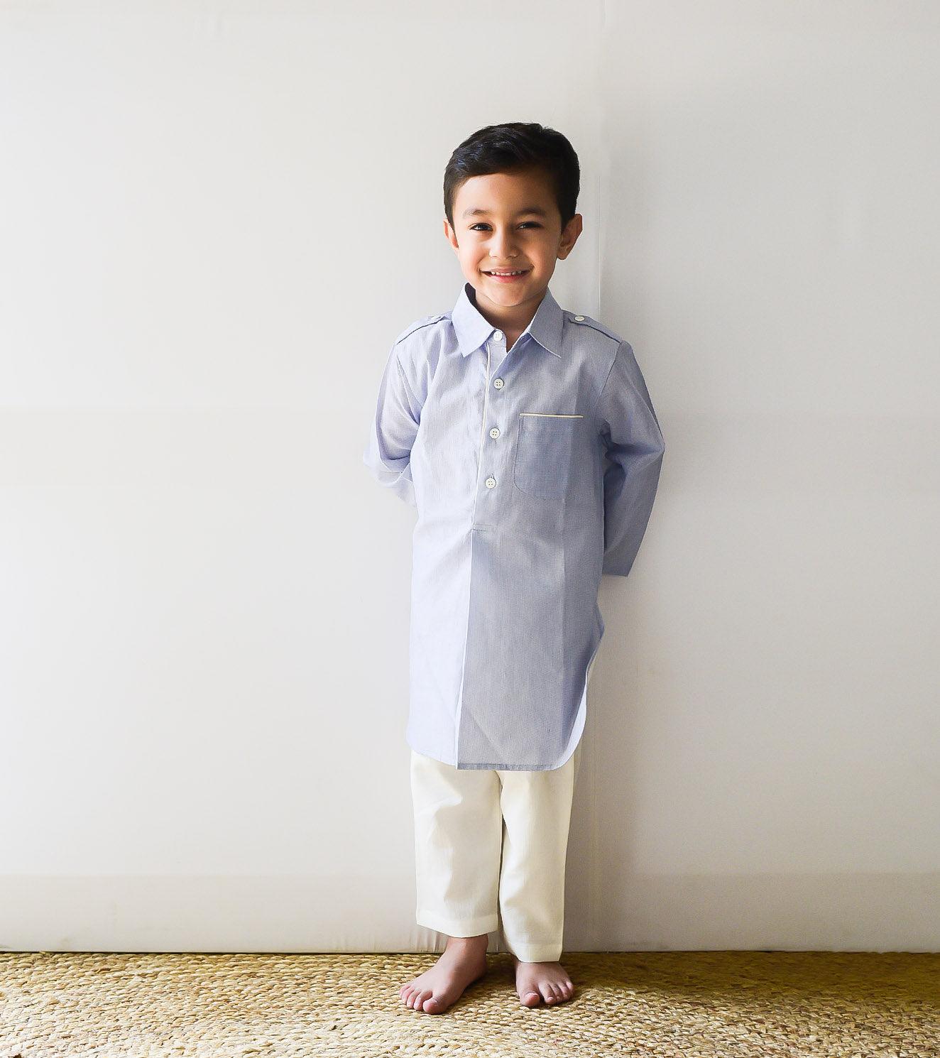Sky Blue Pathani Kurta Set - Khara Kapas
