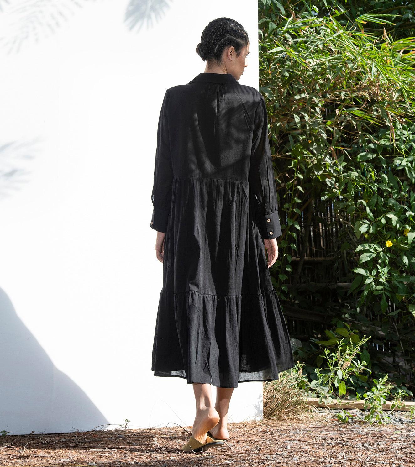 Black Petunia Collared Long Dress - Khara Kapas