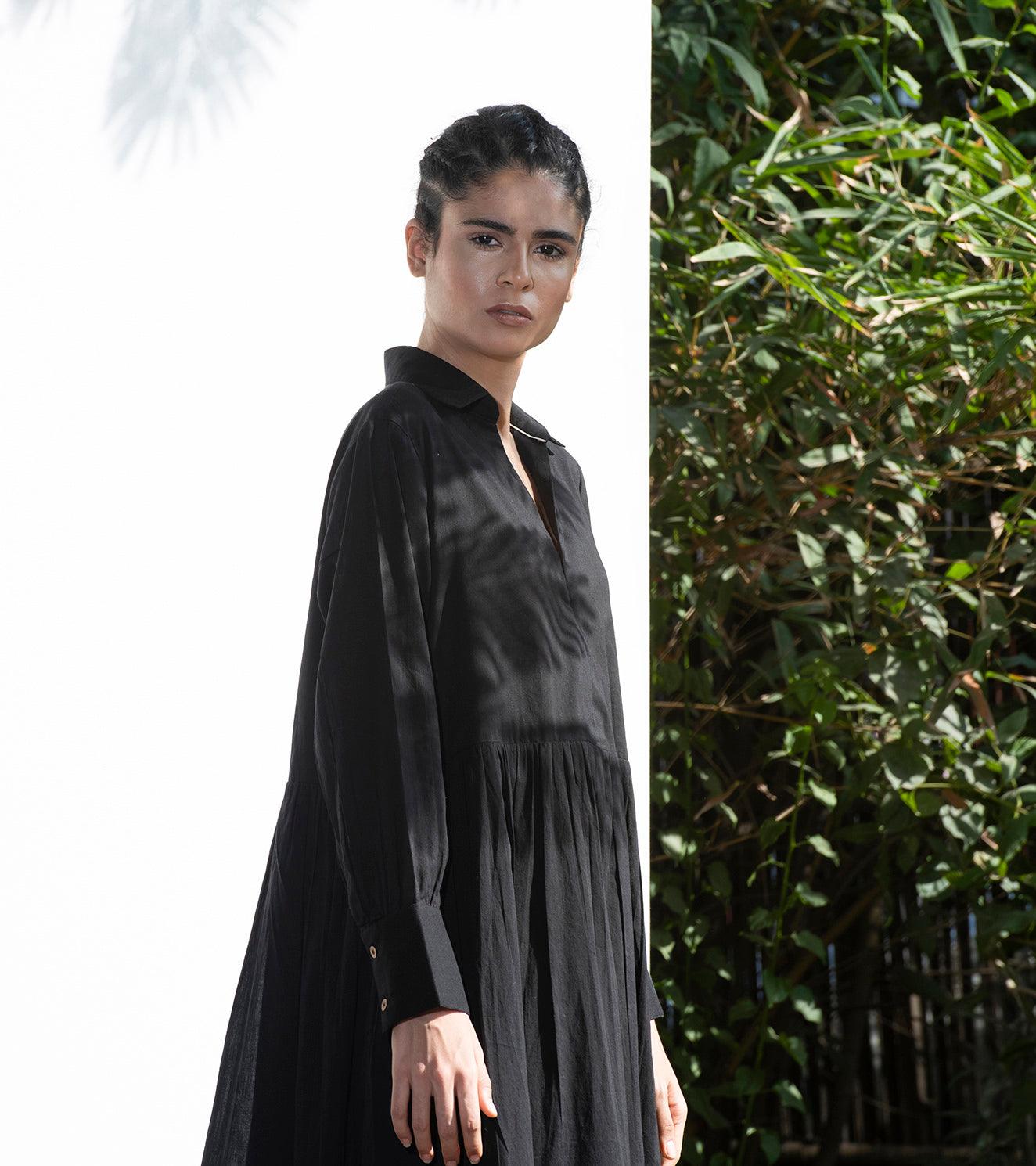Black Petunia Collared Long Dress - Khara Kapas
