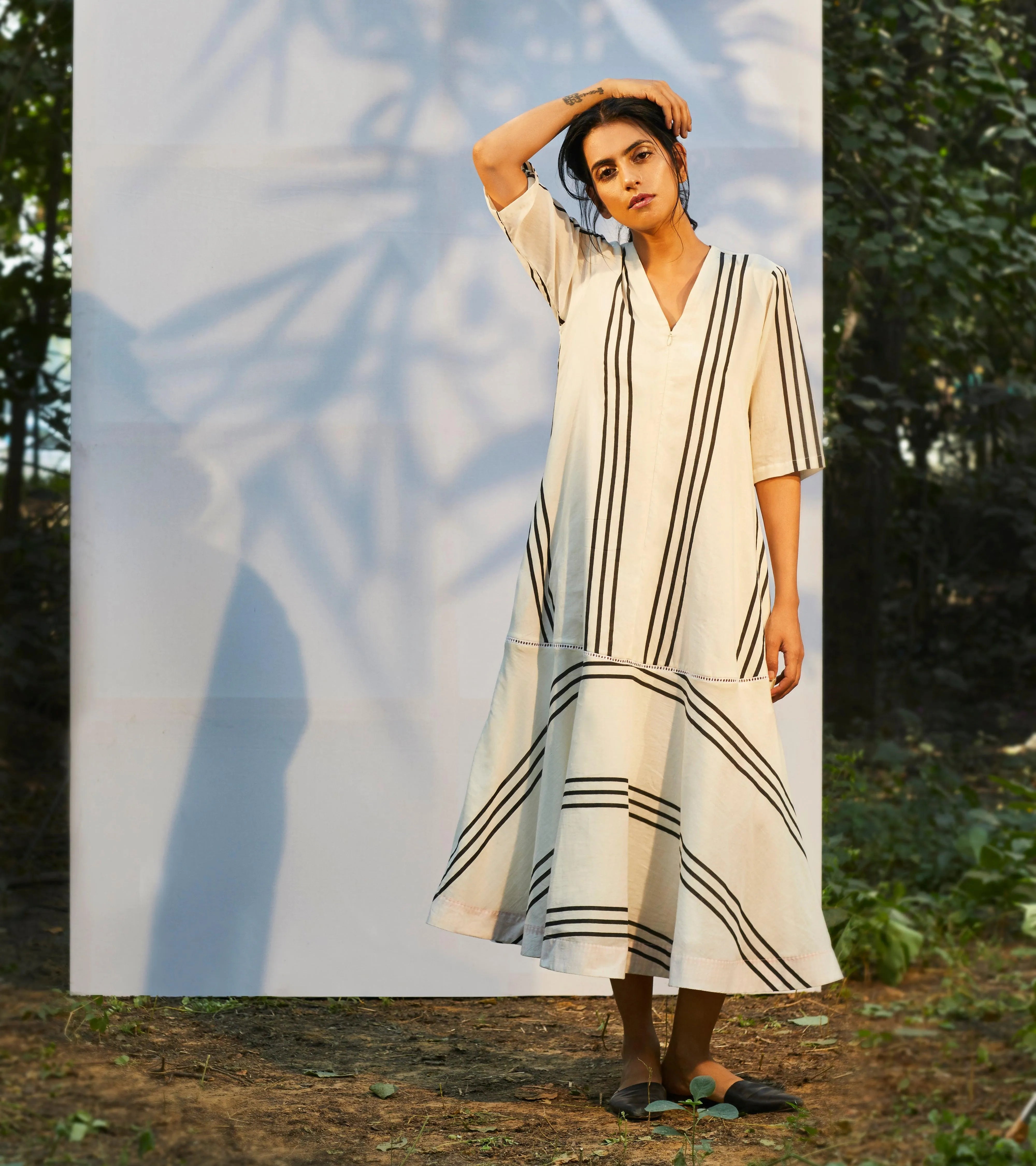 White Stripe & Flounce Maxi Dress - Khara Kapas