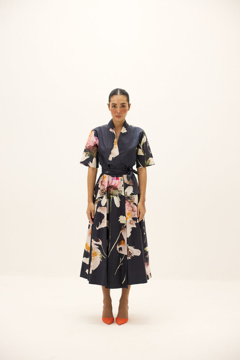 Khara Kapas Kuro cotton wrap dress with colourful floral prints on charcoal