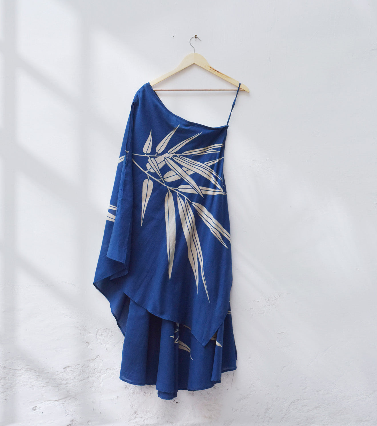 Blue fern one shoulder midi dress