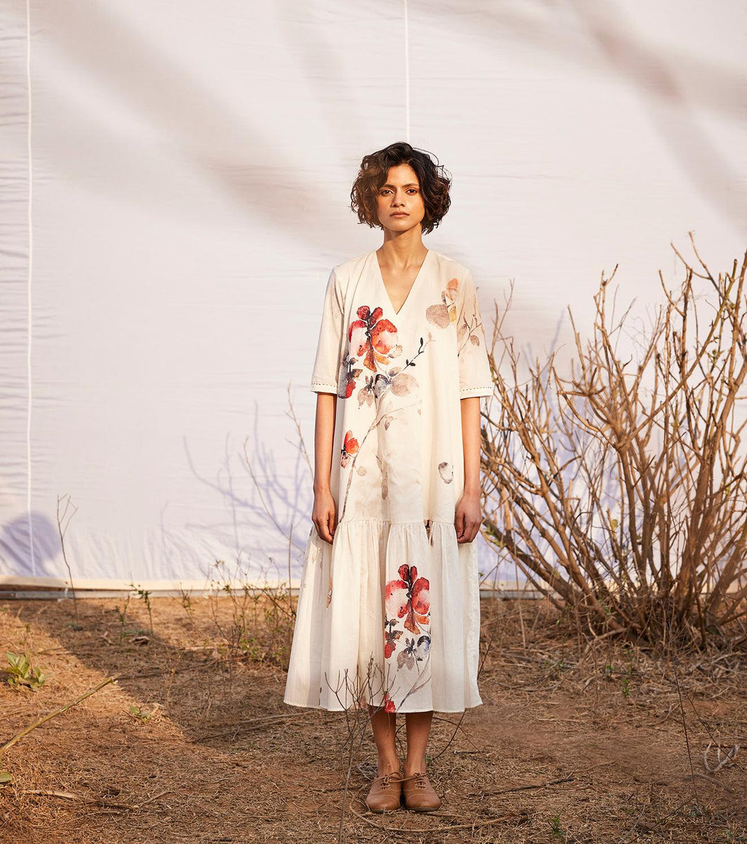 Surfinia floral midi dress| ivory dress | cotton printed midi - Khara Kapas