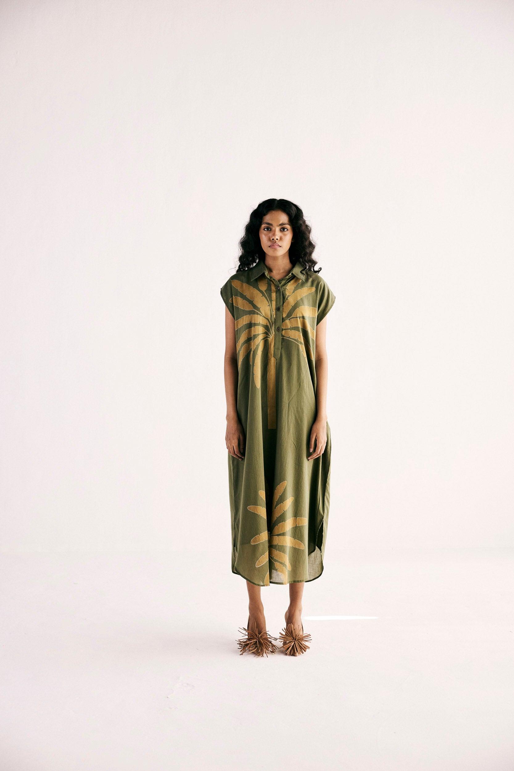Olive Palm Shirt Dress - Khara Kapas