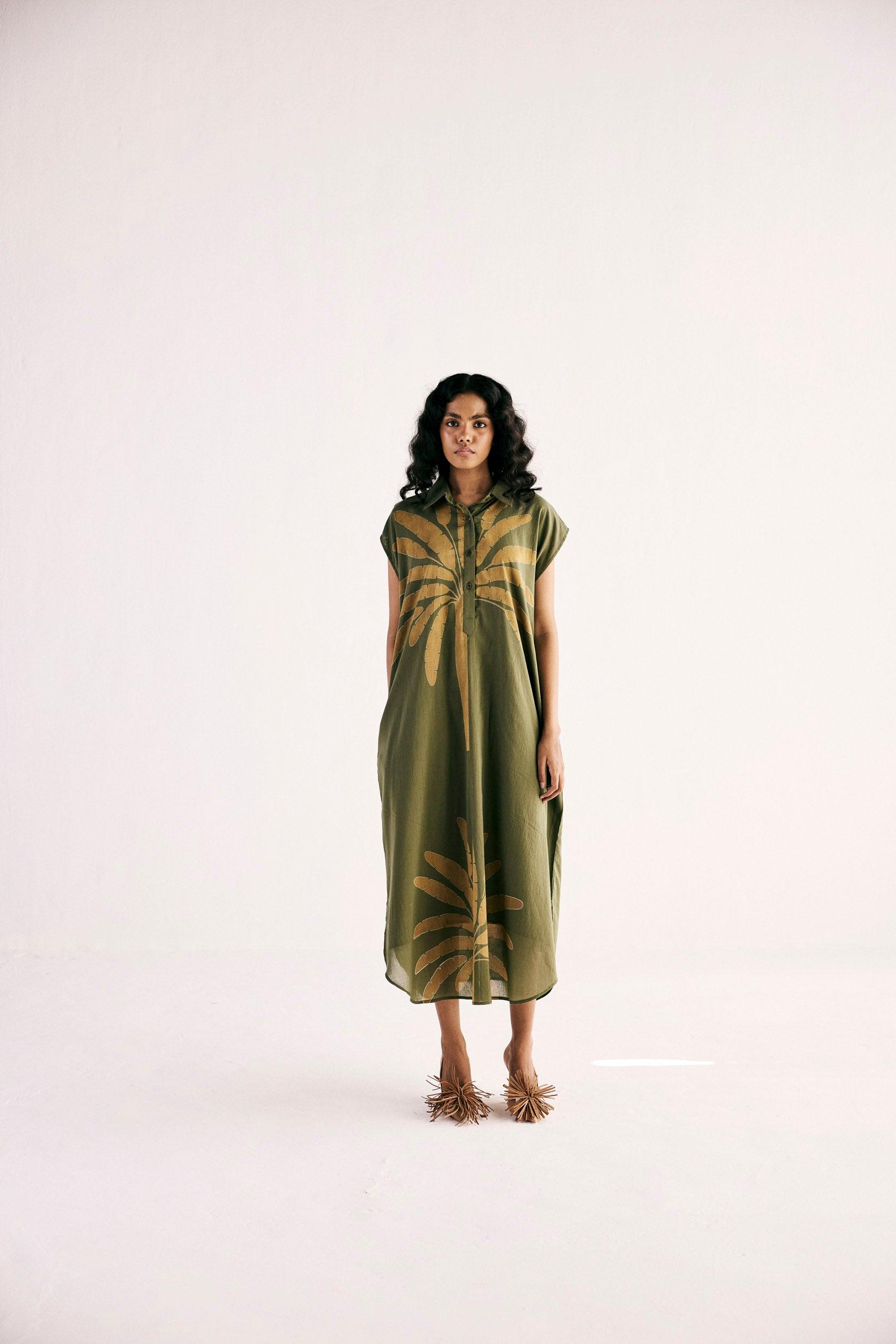 Olive Palm Shirt Dress - Khara Kapas