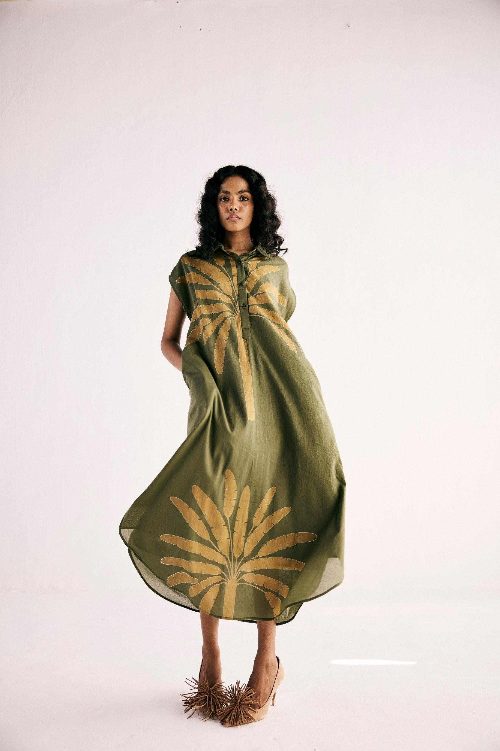 Olive Palm Shirt Dress - Khara Kapas