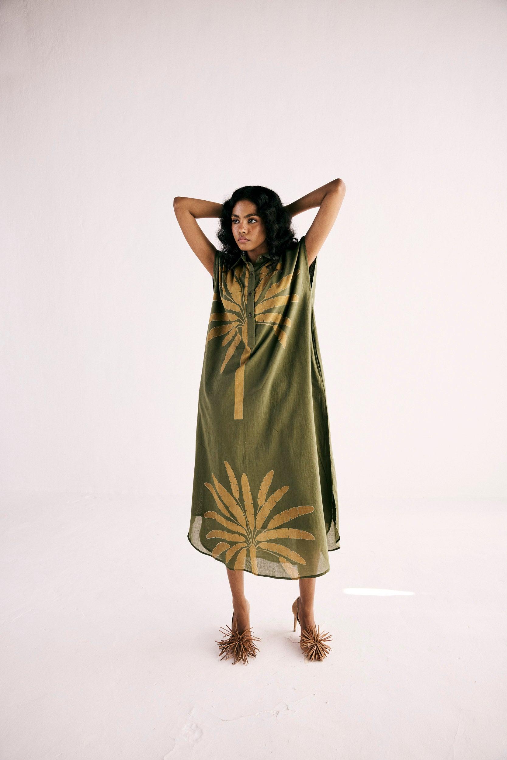 Olive Palm Shirt Dress - Khara Kapas