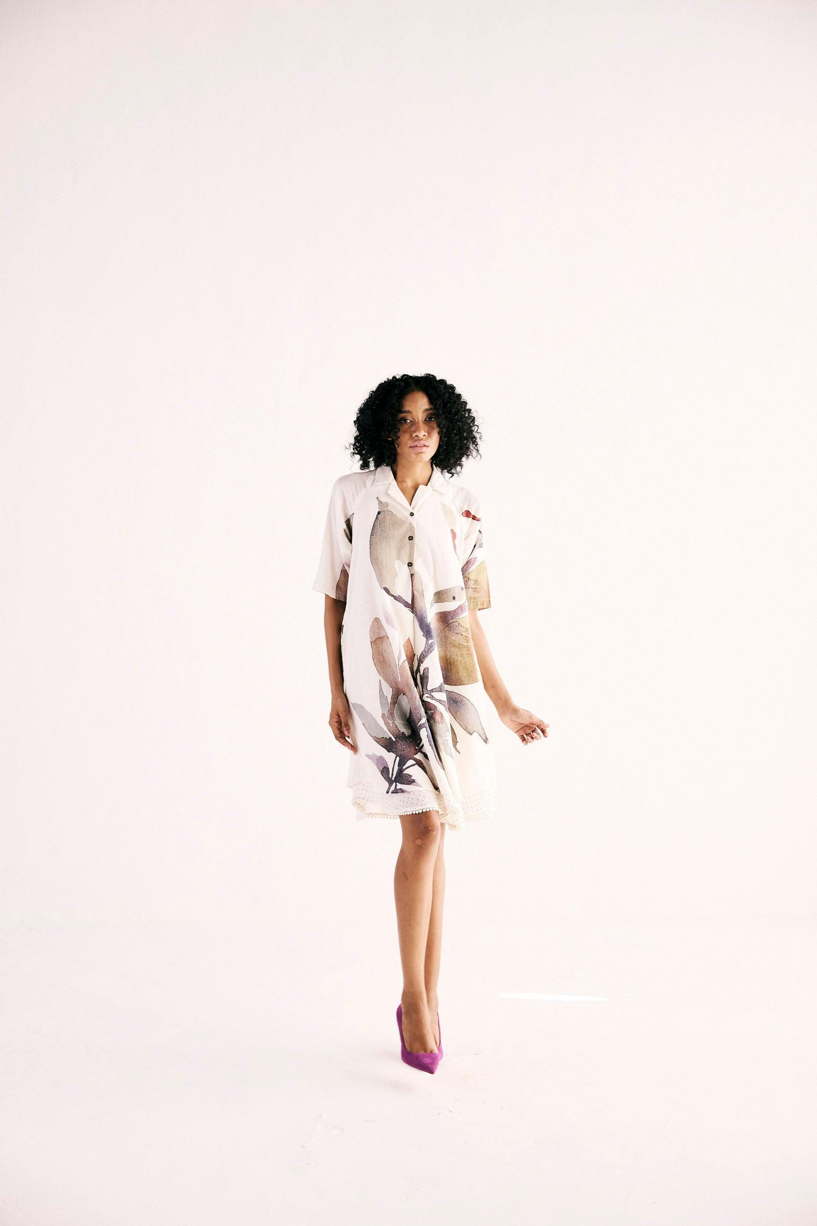 Ivory Bloom Shirt Dress - Khara Kapas