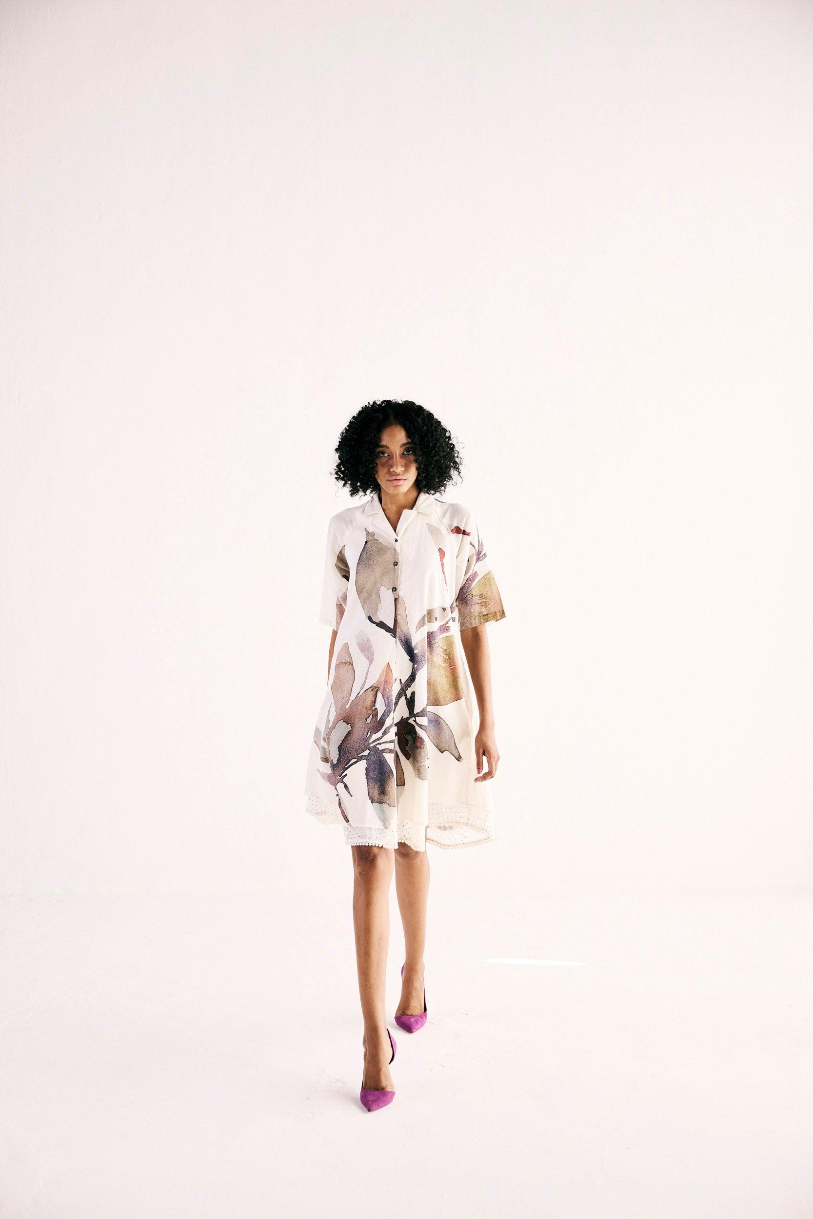 Ivory Bloom Shirt Dress - Khara Kapas