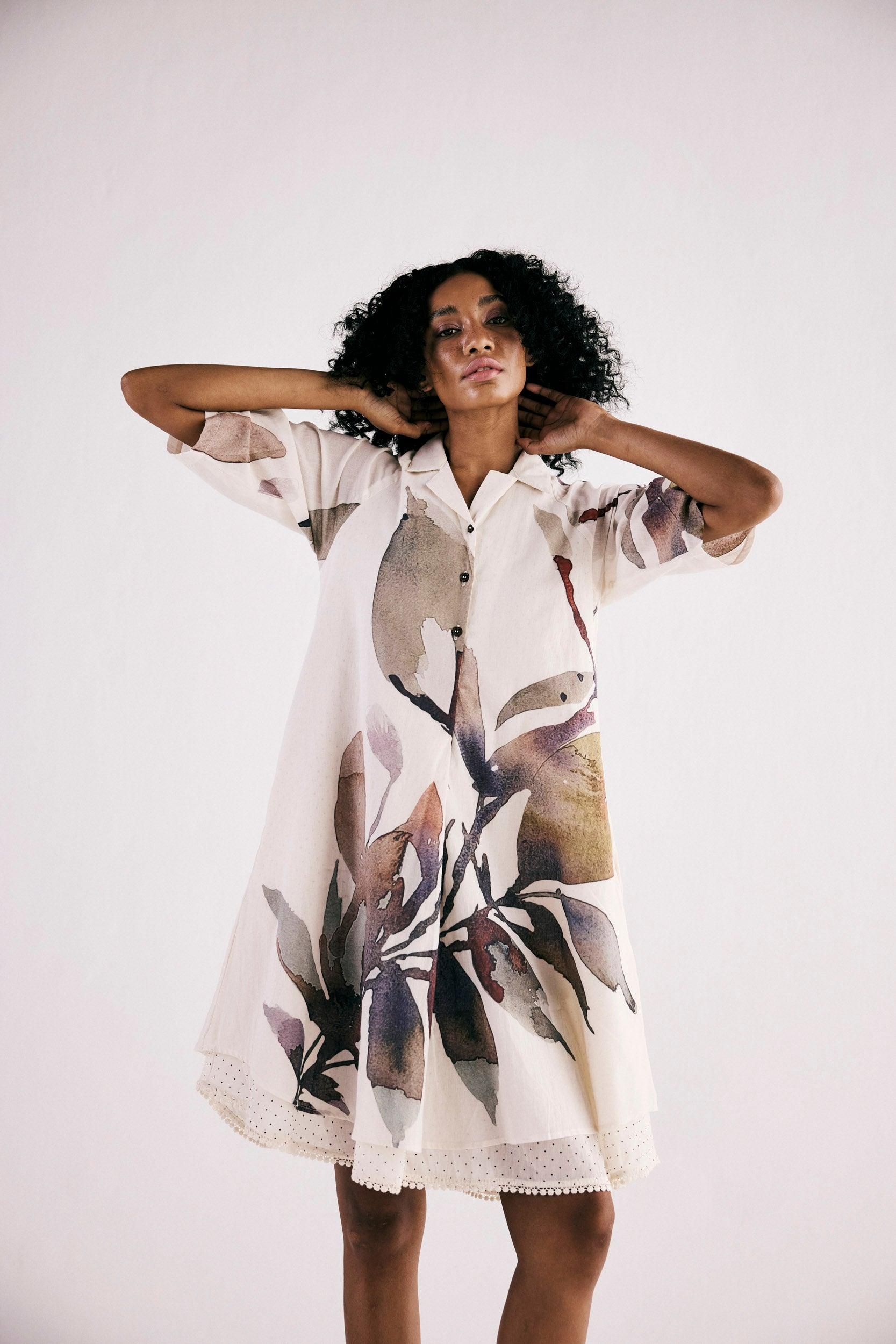 Ivory Bloom Shirt Dress - Khara Kapas