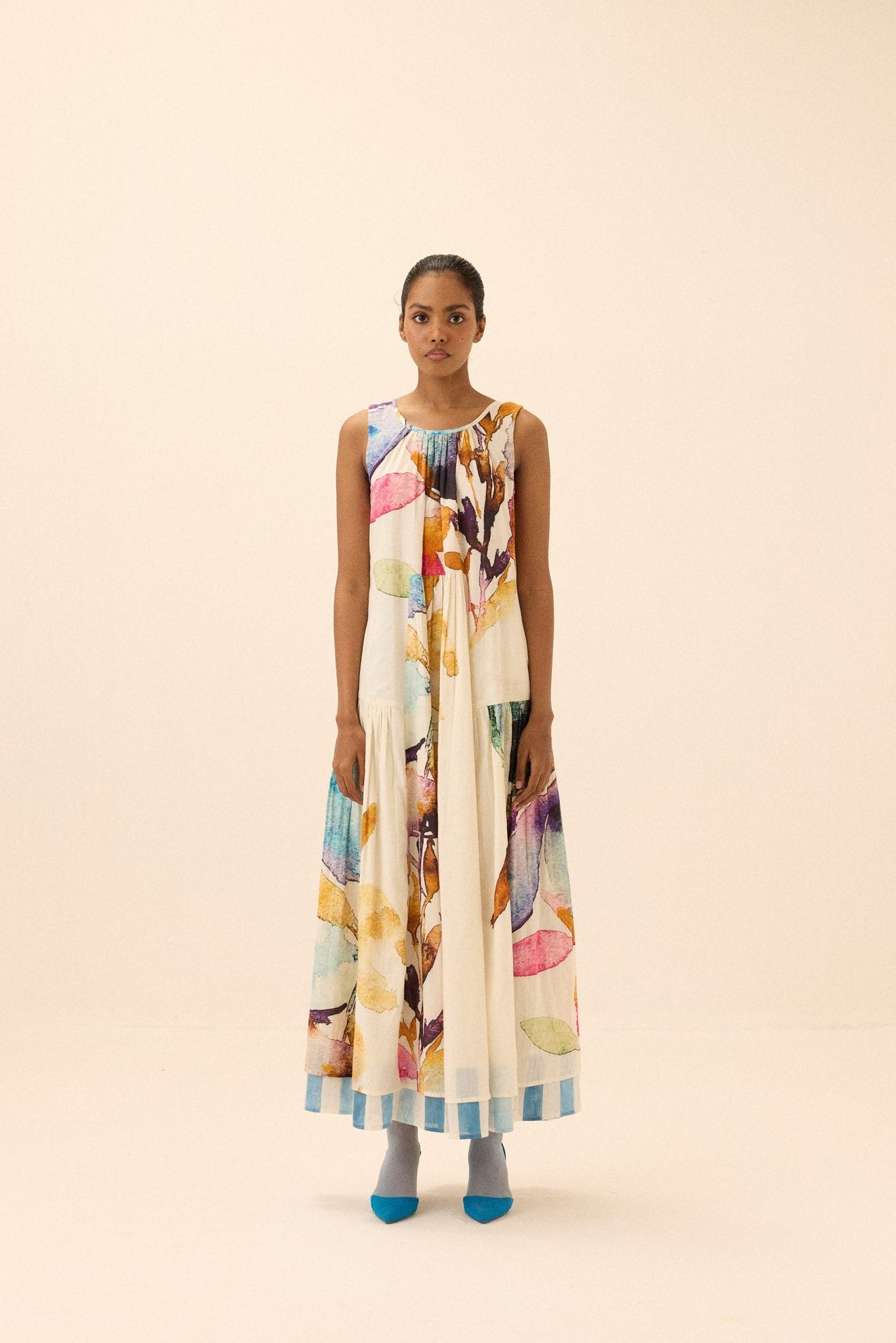 Khara Kapas Arcadia tiered mul cotton dress with floral block print, front view