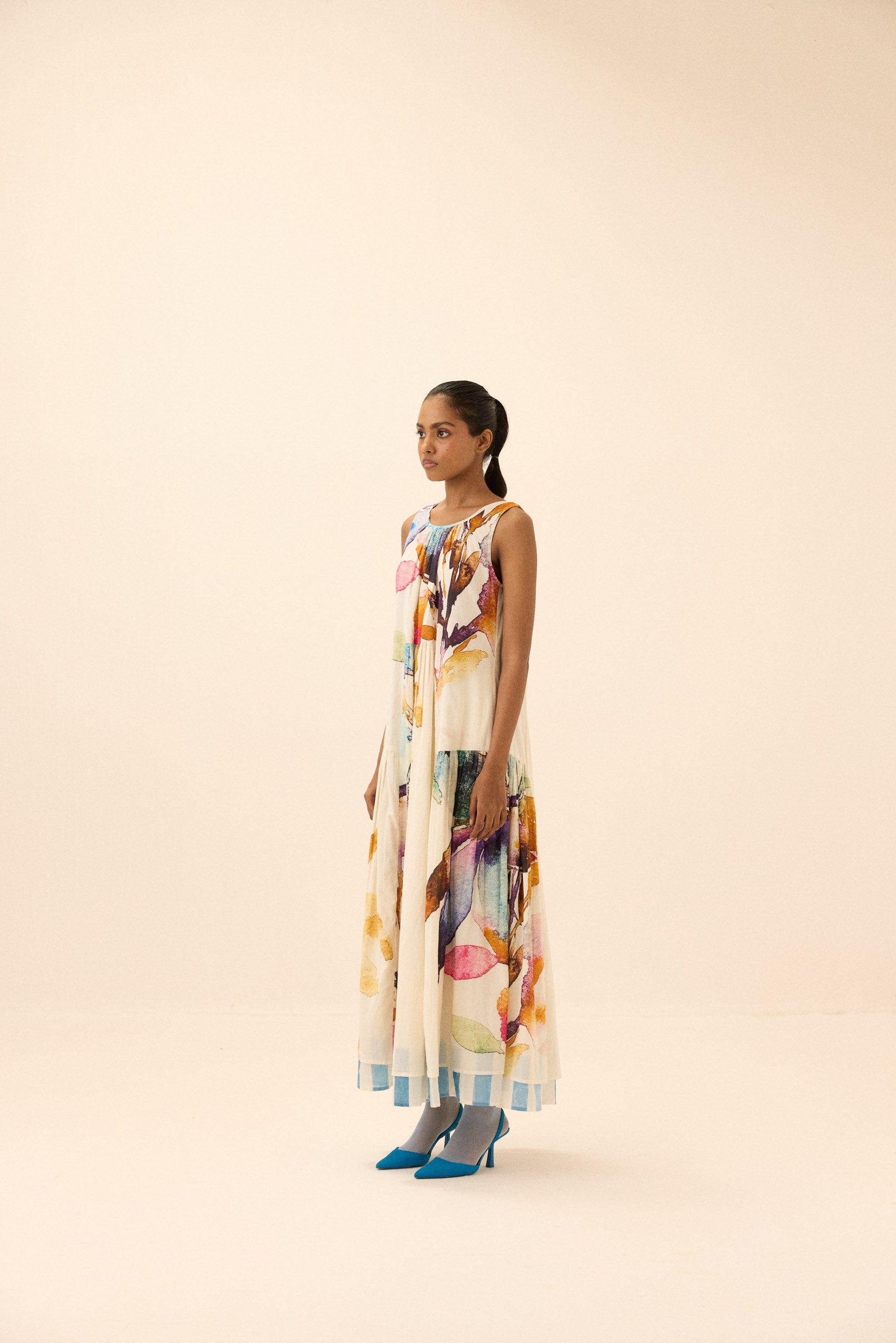 Close-up detail of floral block print on Arcadia mul cotton dress