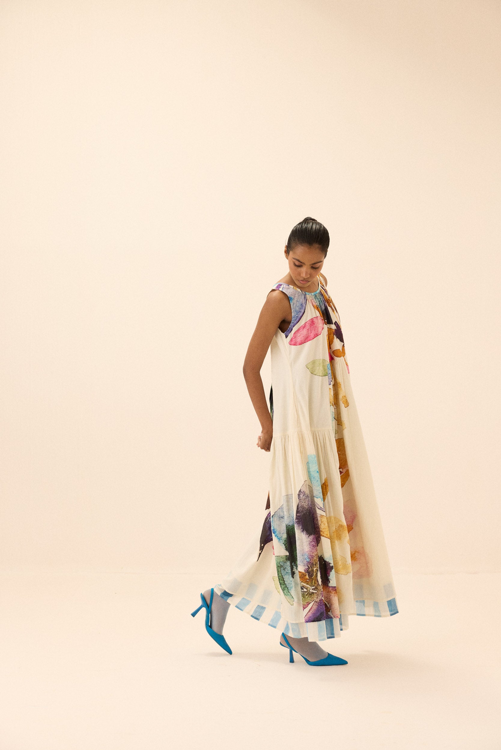 Arcadia mul cotton dress side profile showing tiered silhouette