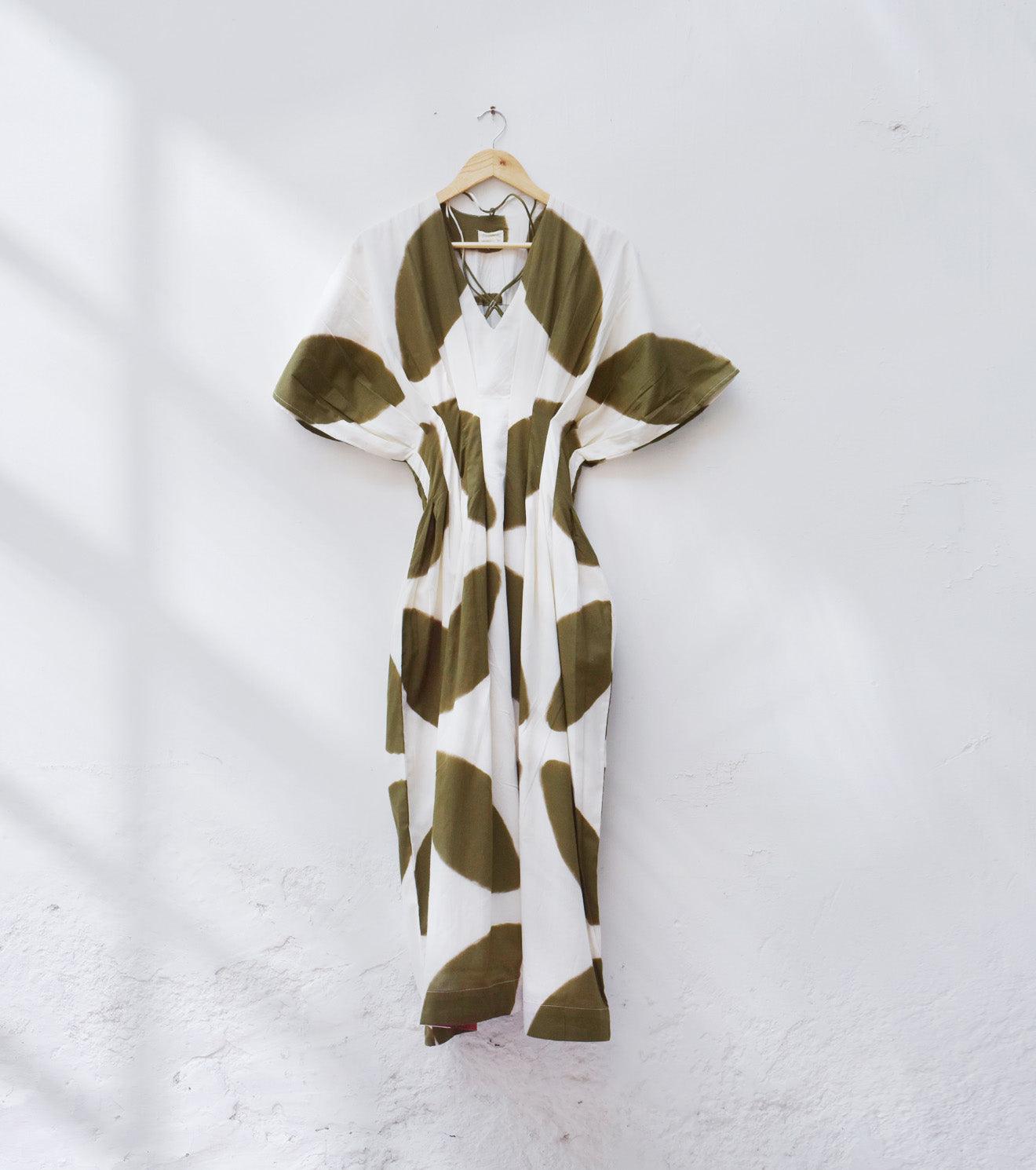 Olive and white shibori dress