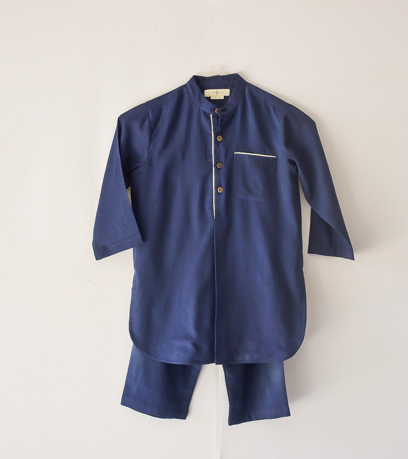 Navy Blue Pathani Kurta Set Khara Kapas