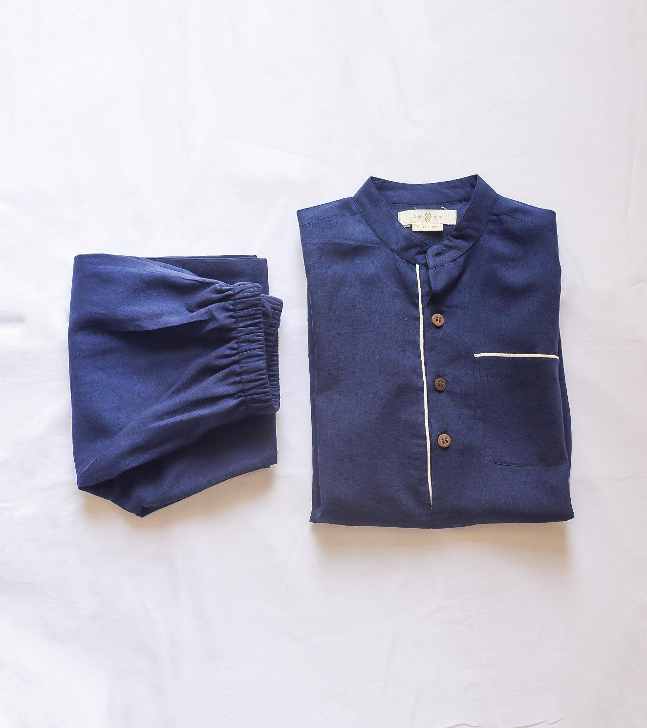 Navy Blue Pathani Kurta Set - Khara Kapas