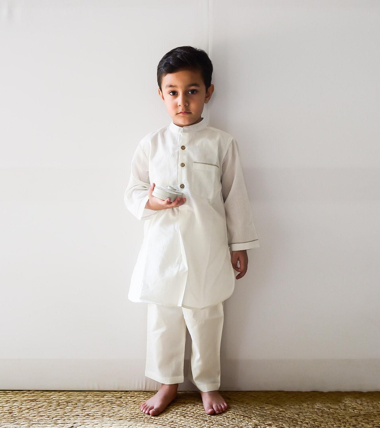 Ivory Pathani Kurta Set - Khara Kapas