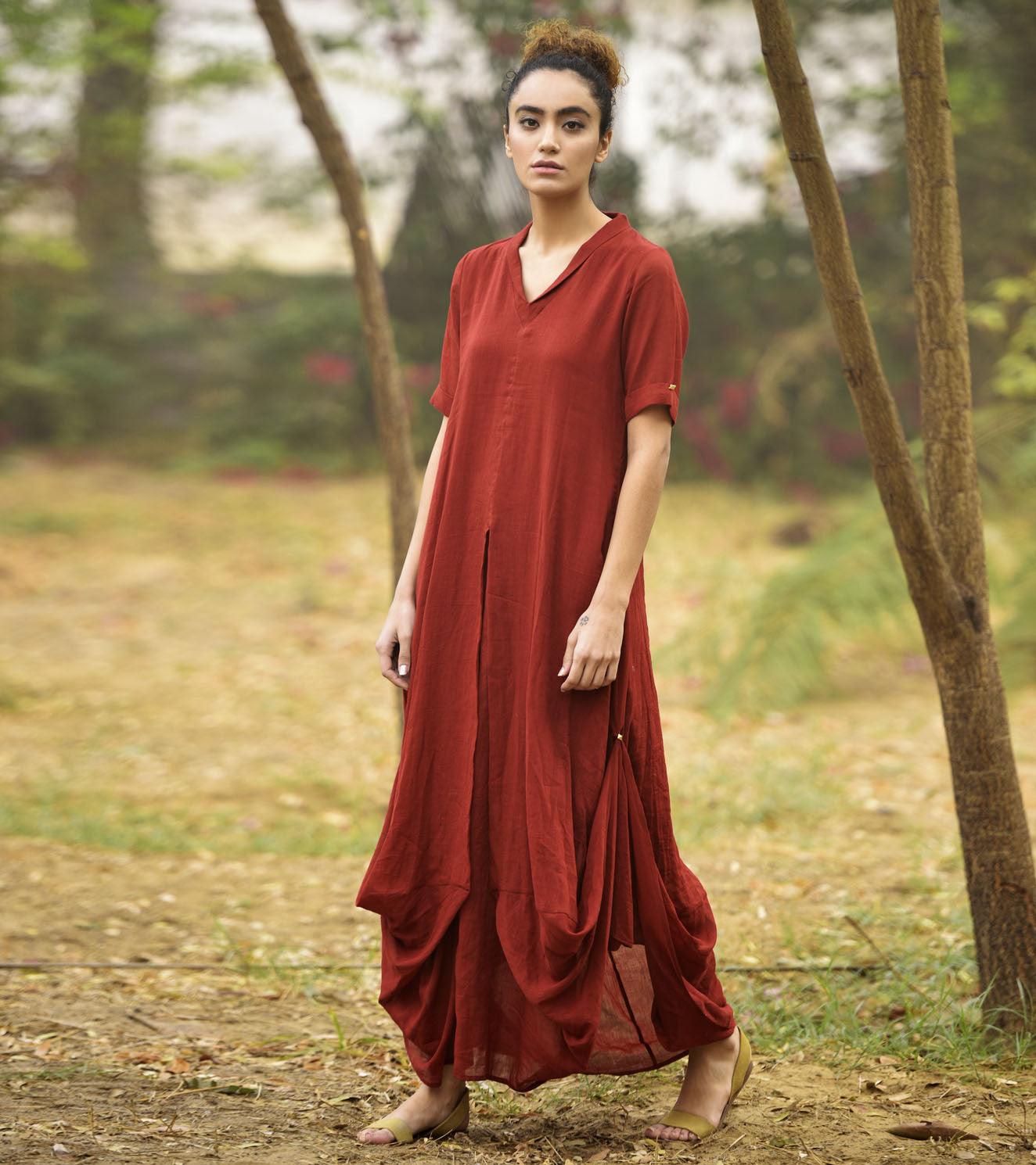 DEEP RED LOVE COWL AND DRAPE DRESS - Khara Kapas