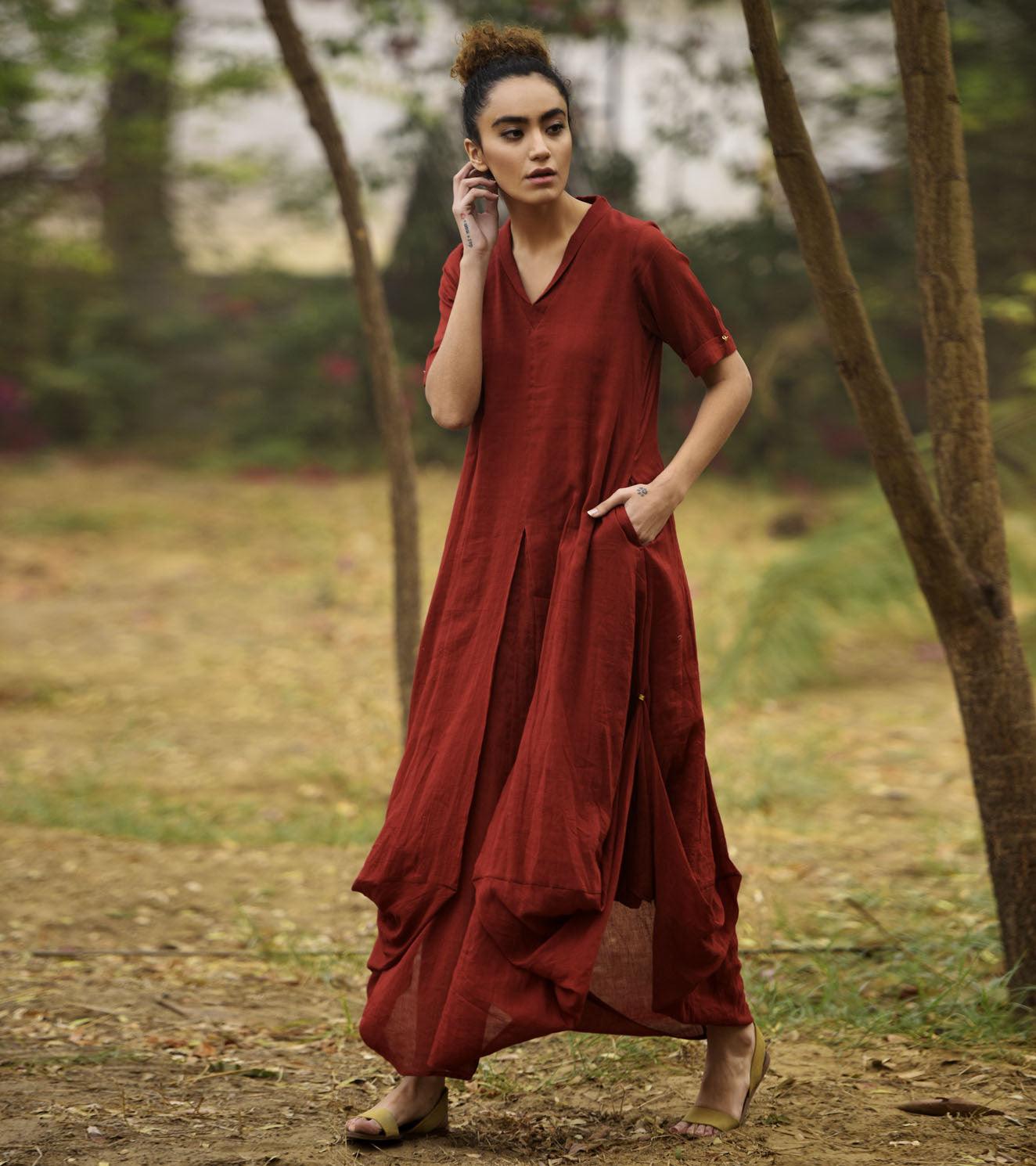 DEEP RED LOVE COWL AND DRAPE DRESS - Khara Kapas
