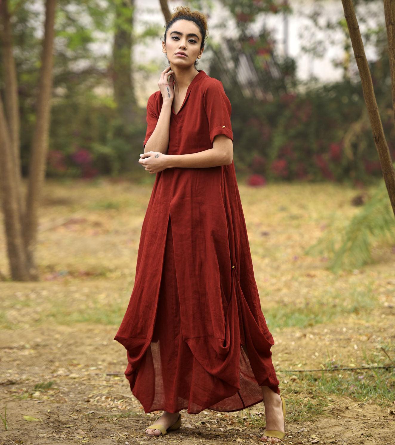 DEEP RED LOVE COWL AND DRAPE DRESS - Khara Kapas