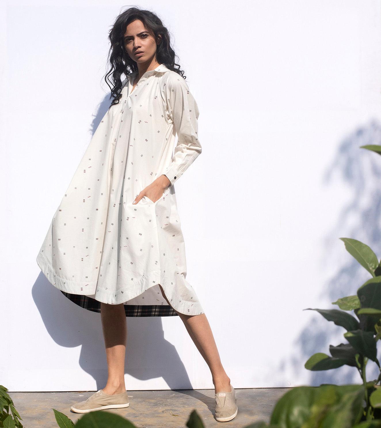 White Noise shirt dress + Pants- Set of 2 - Khara Kapas