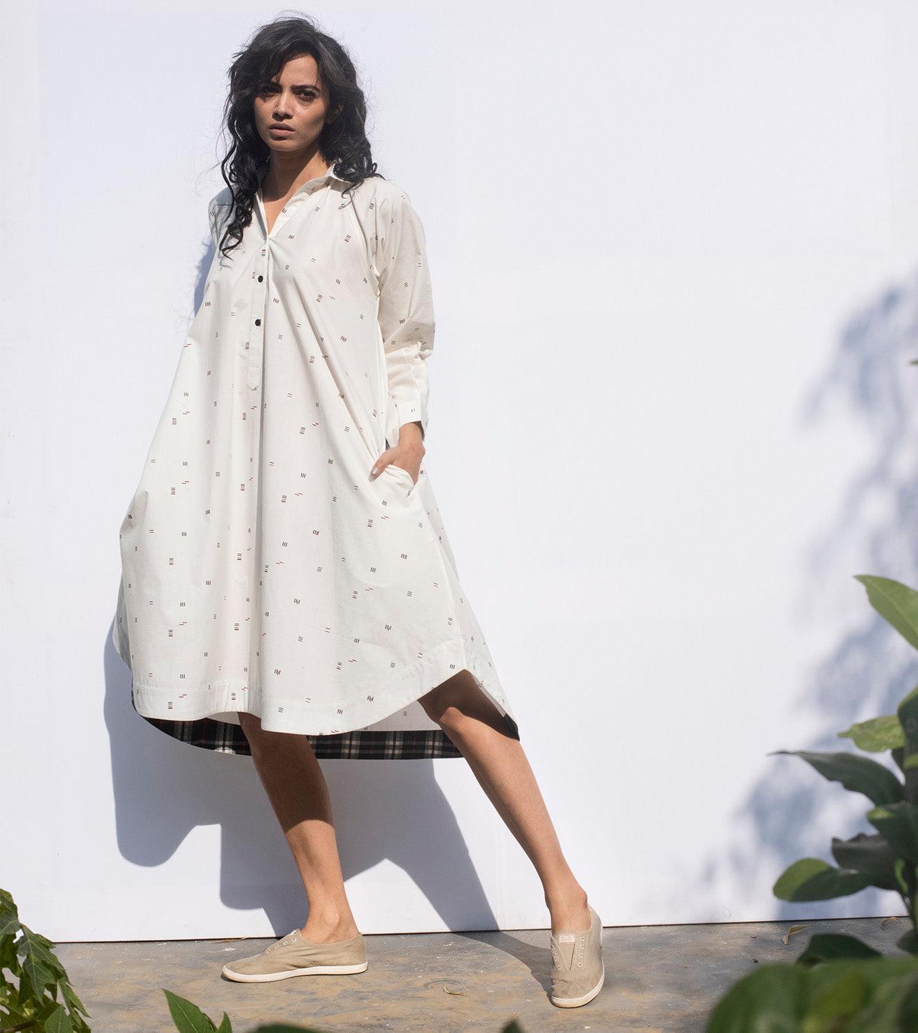 White Noise shirt dress + Pants- Set of 2 - Khara Kapas
