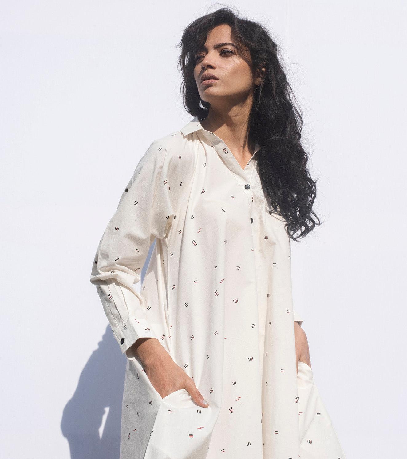 White Noise shirt dress + Pants- Set of 2 - Khara Kapas