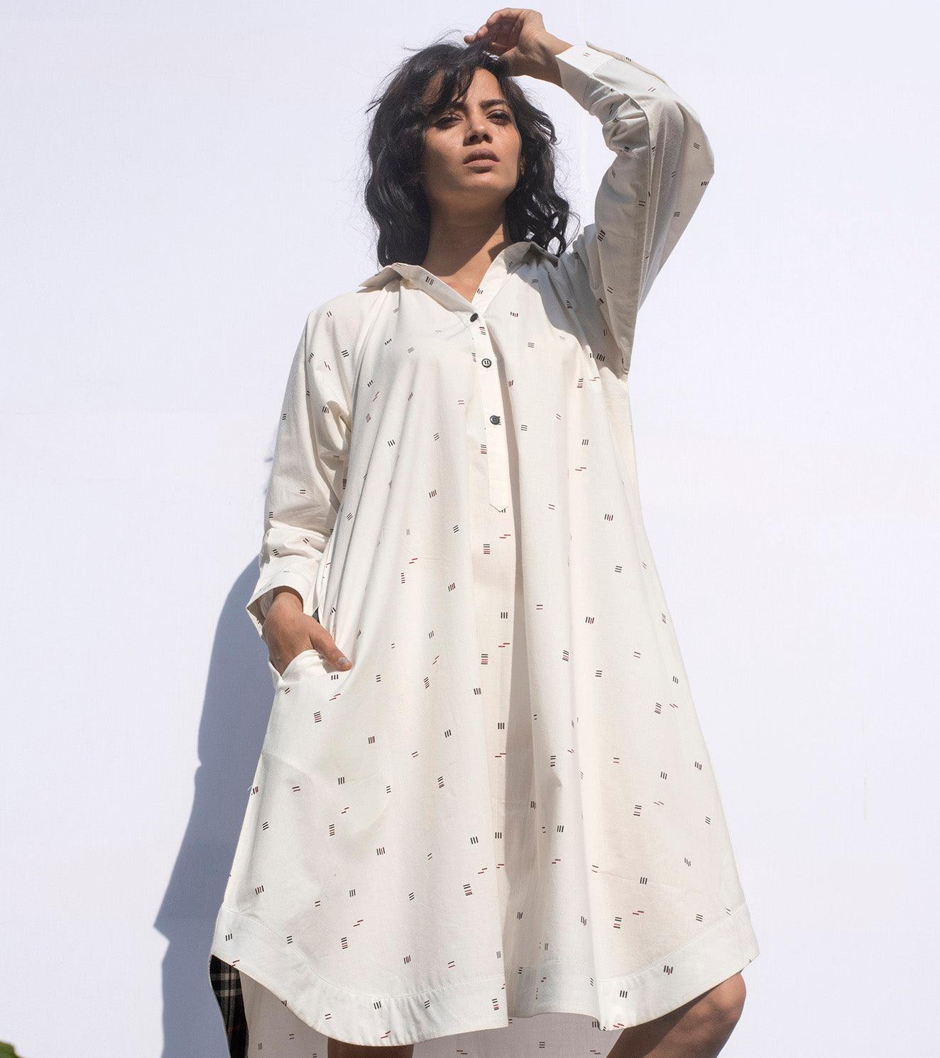 White Noise shirt dress + Pants- Set of 2 - Khara Kapas