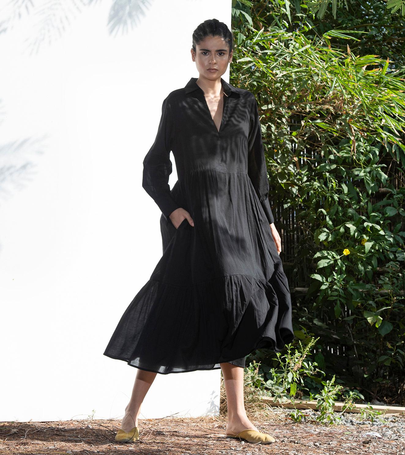 Black Petunia Collared Long Dress - Khara Kapas