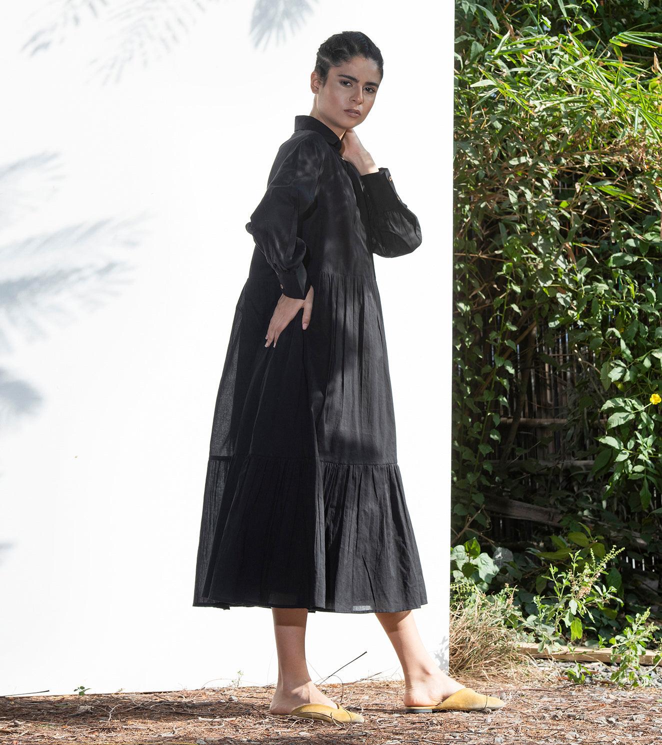 Black Petunia Collared Long Dress - Khara Kapas