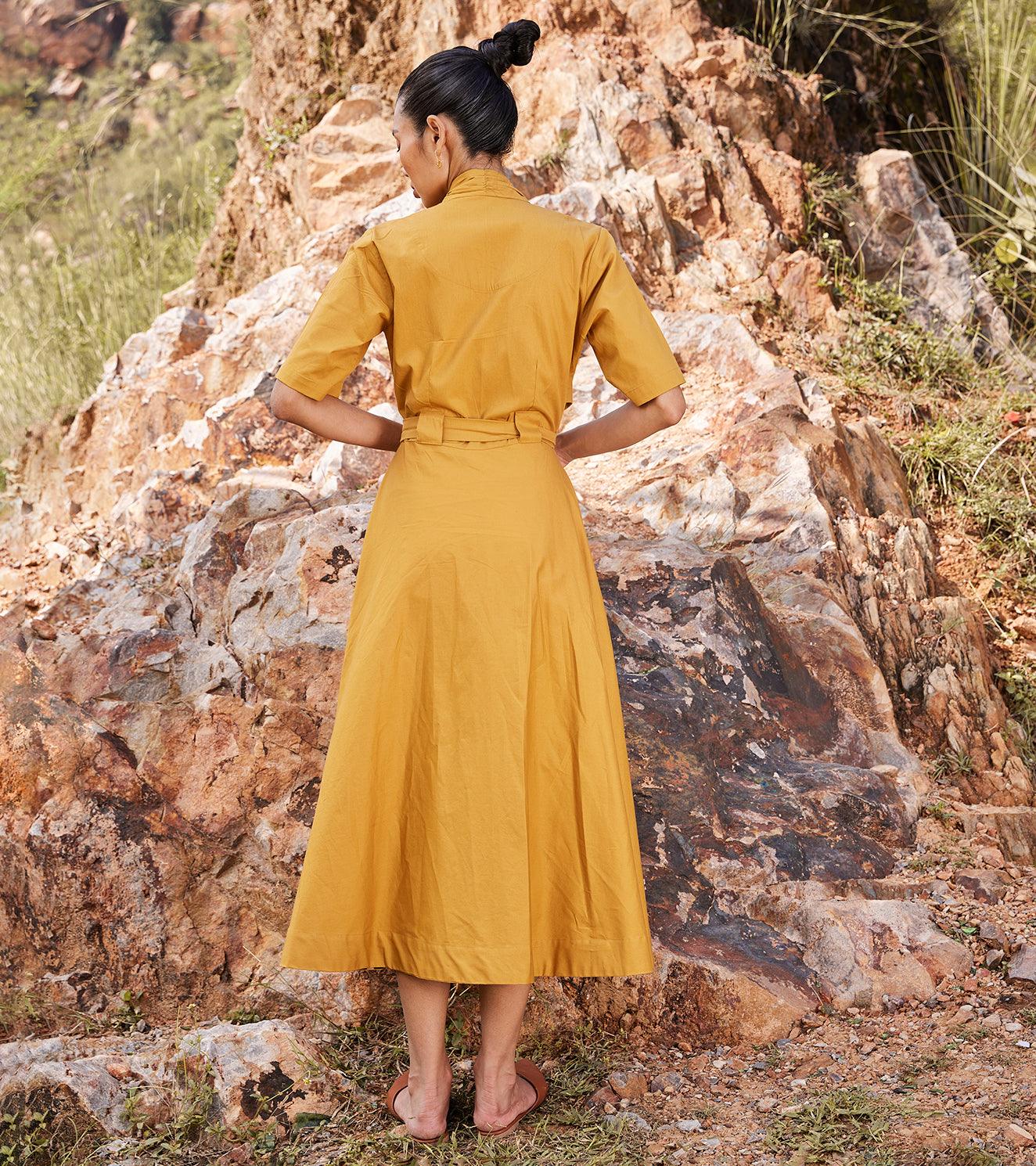 Mustard midi outlet dress with sleeves