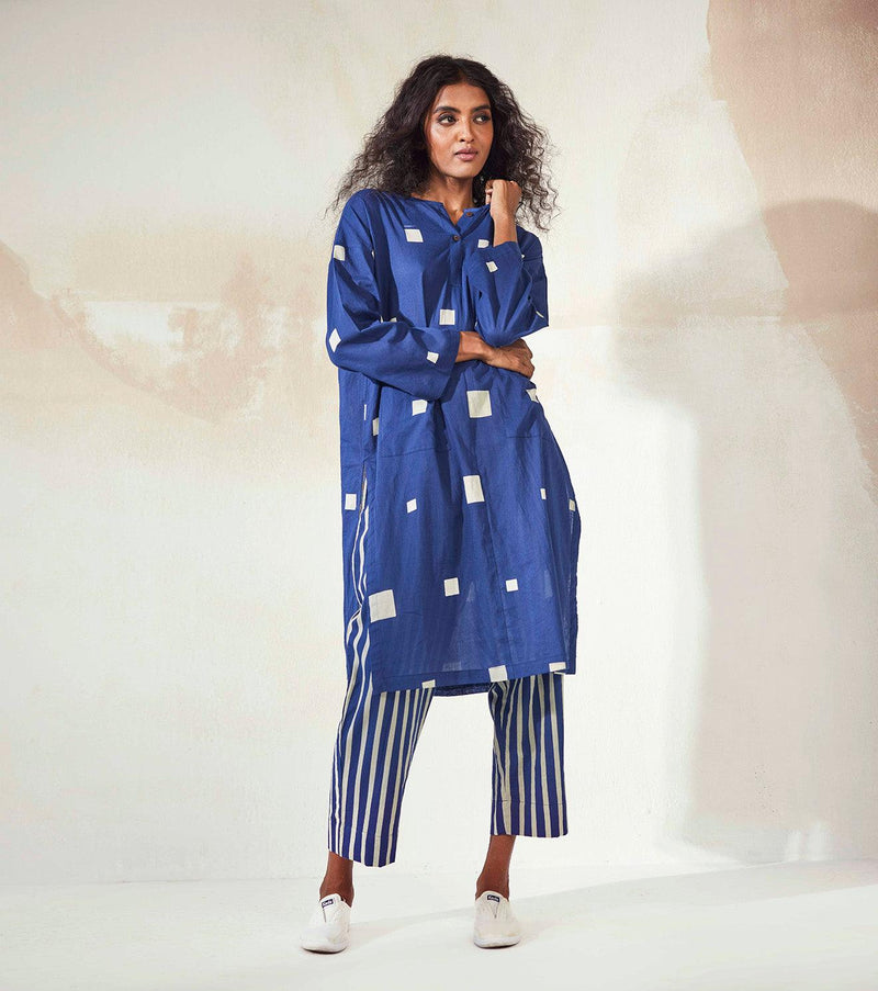 Space co-ord set: blue and white printed tunic with striped trousers